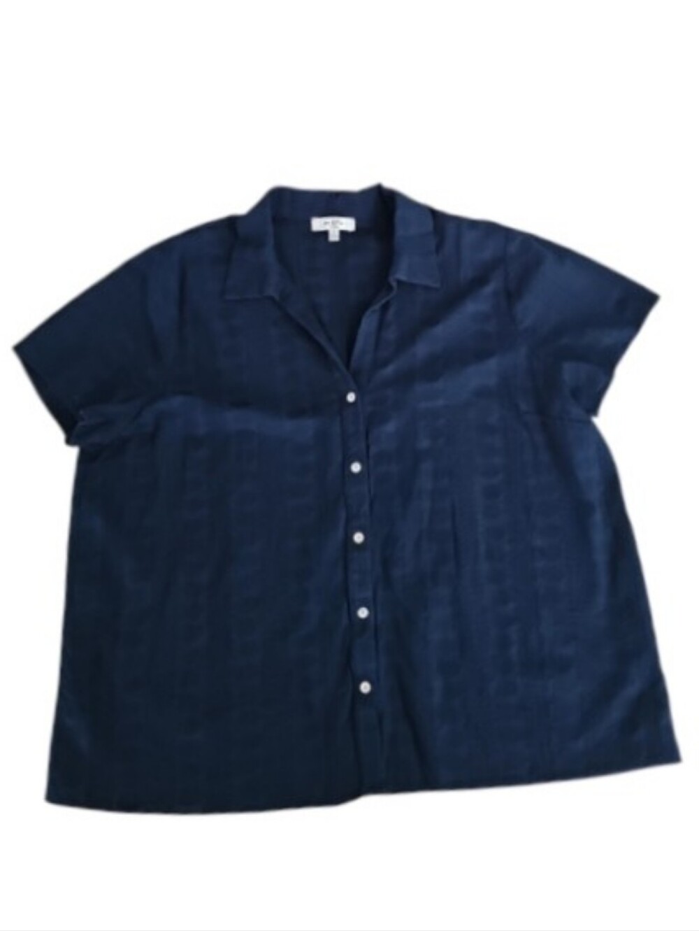 Navy Textured Cotton Button Up Shirt Women 3X Jacquard Short Sleeve Oversized